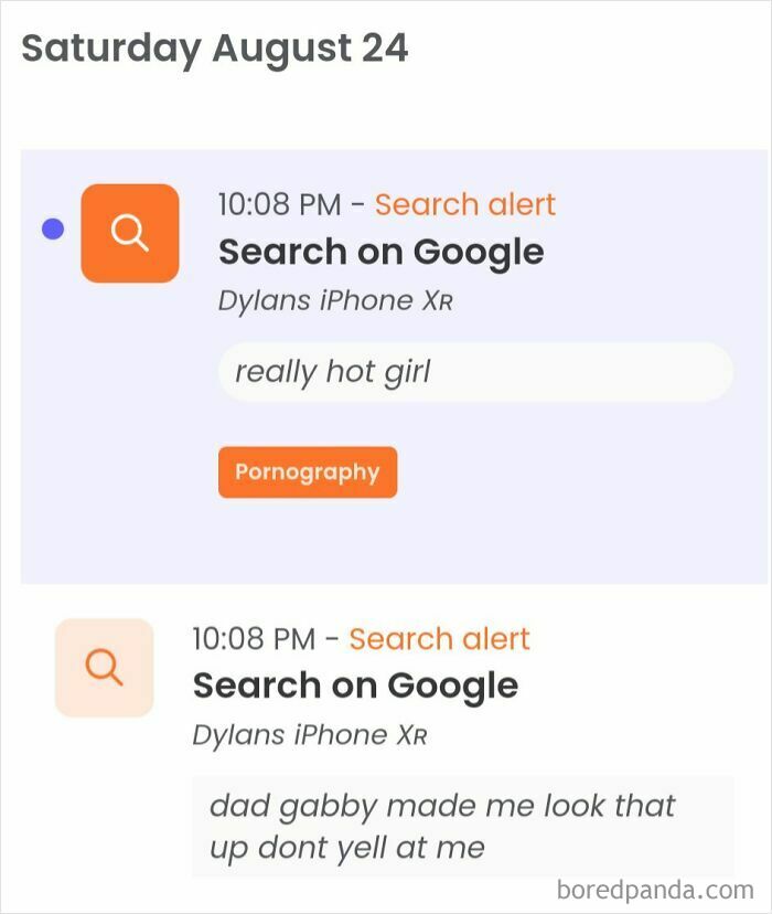 A kid searches for "really hot girl" on Google, followed by "dad gabby made me look that up dont yell at me." Dumb and funny.