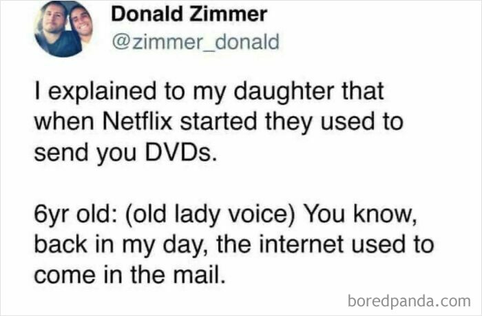 A funny tweet from Donald Zimmer, where a kid's comment about the internet coming by mail makes parents laugh.