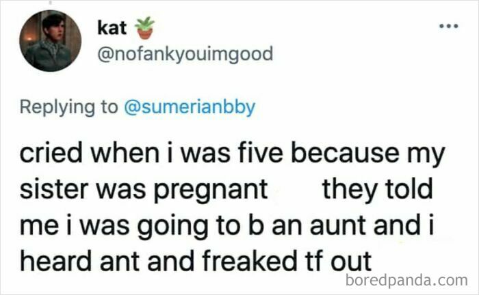 A tweet from @nofankyouimgood sharing a kid's dumb and funny reaction to becoming an "aunt," thinking it meant an "ant."