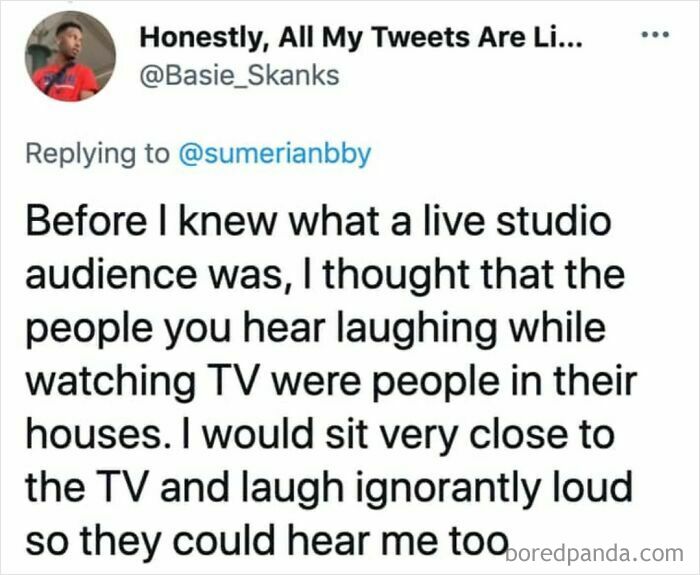 A funny tweet about a kid's misunderstanding of TV studio audiences. Relatable dumb and funny kid moment.