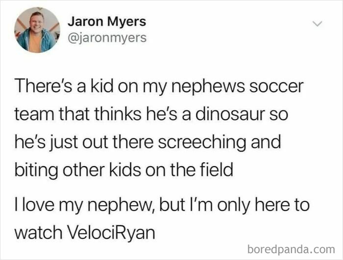 Screenshot of a tweet from Jaron Myers about a kid acting like a dinosaur at soccer. Funny kid moments parents share.