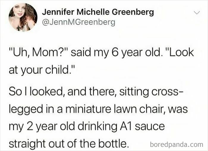 A tweet by Jennifer Michelle Greenberg about a kid doing something dumb and funny: a 2-year-old drinking A1 sauce.