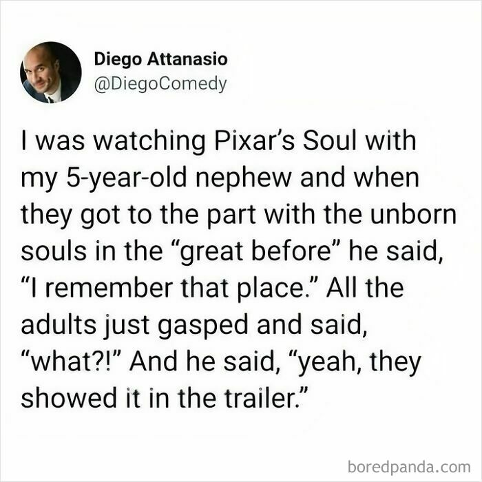 A screenshot of a tweet by @DiegoComedy, sharing a funny kid moment about Pixar's Soul, highlighting parents sharing dumb and funny kid moments.