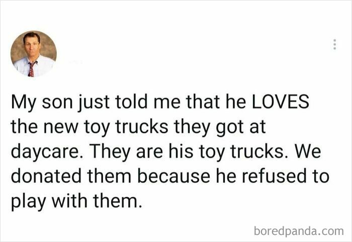 A humorous social media post about a kid discovering and loving the toy trucks his parents donated, a funny kid moment.