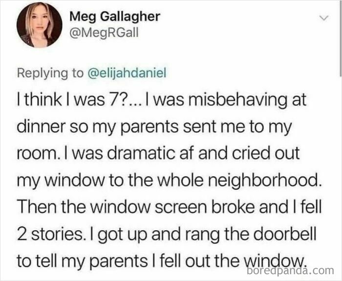 A tweet from Meg Gallagher, sharing a funny story about a kid falling out a window and ringing the doorbell.