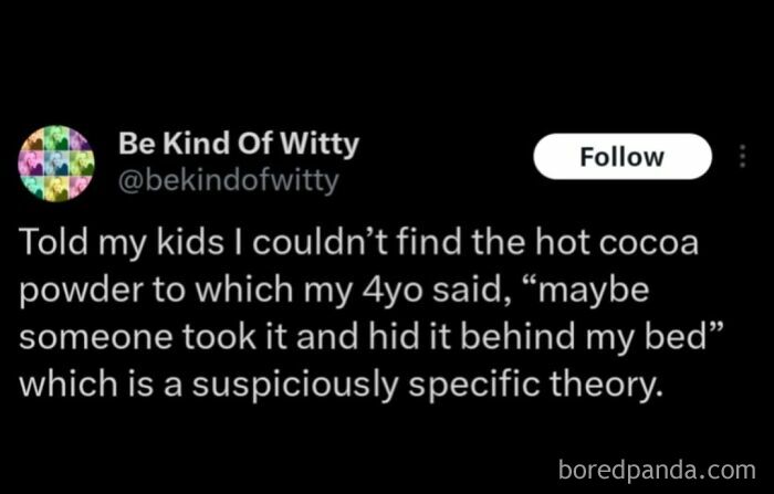 Screenshot of a funny tweet about a kid's suspicious theory on missing hot cocoa, showcasing a dumb and funny kid moment.