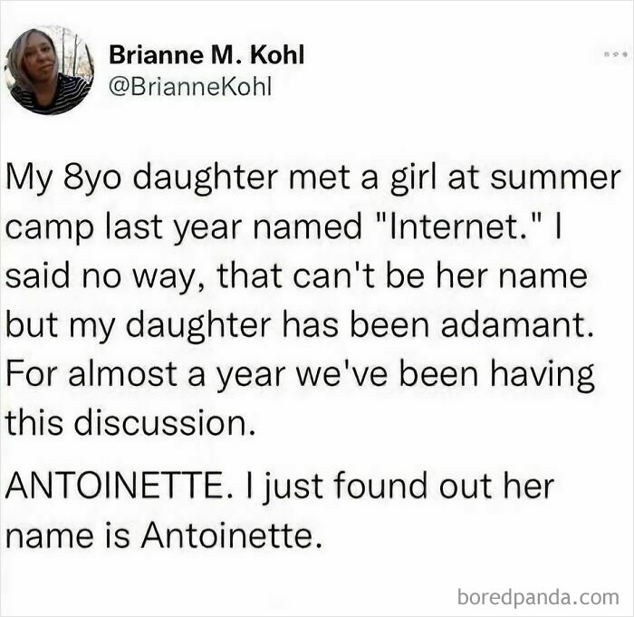 A tweet by Brianne M. Kohl about her kid mishearing a name for a year, a dumb and funny story parents share.