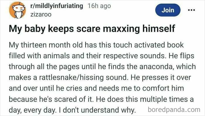 A Reddit post detailing a kid repeatedly scaring himself with a sound book, highlighting funny dumb kid moments.