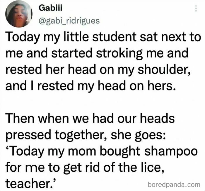 A tweet from Gabiii recounting a kid's dumb and funny moment about lice, an example of parents sharing their child's innocence.