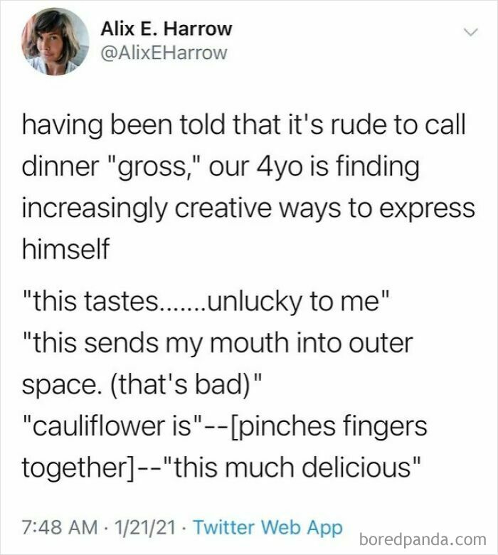 A tweet from @AlixEHarrow about her 4yo's funny, creative ways to describe food, avoiding the word "gross." Kid moments.