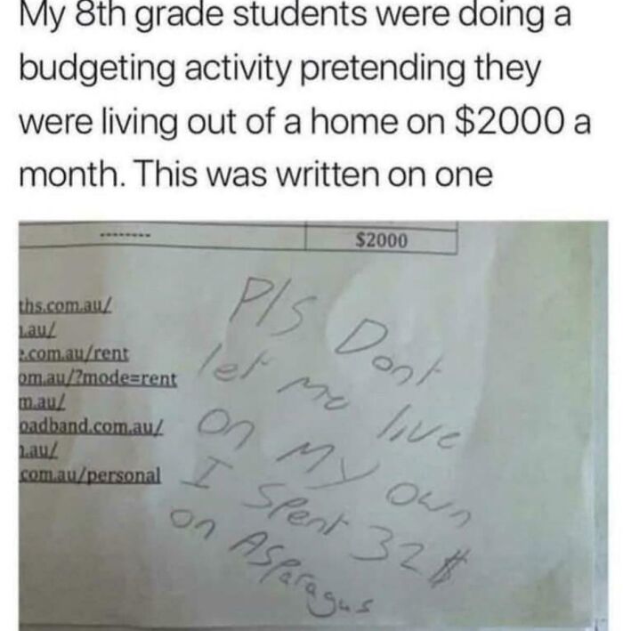 A kid's funny budgeting activity: "Pls Don't let me live on my own I spent 32$ on Asparagus". Dumb and funny moment.