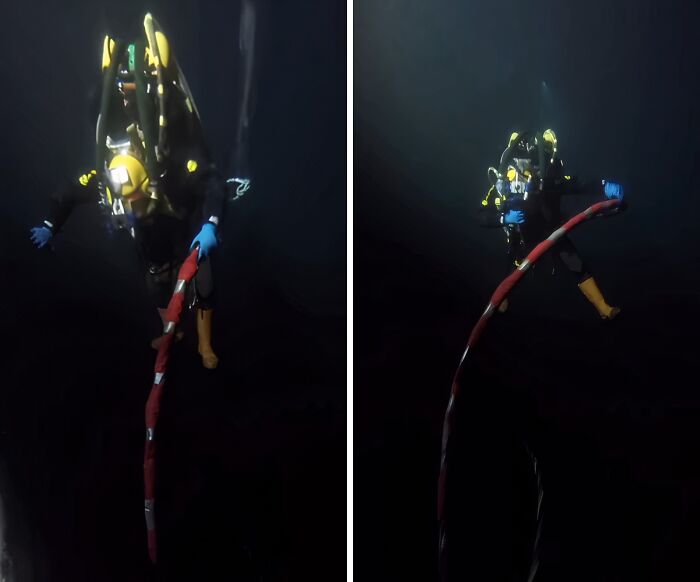 Two images of a diver in dark, deep water holding a thick red cable, making viewers feel small in the worst way.