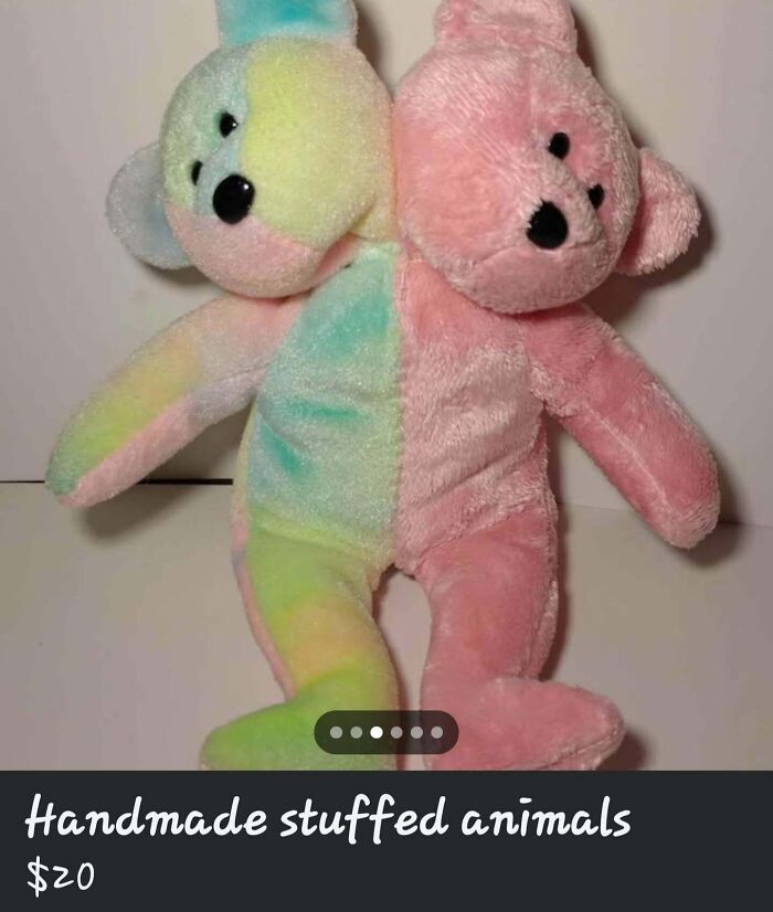 A two-headed, colorful teddy bear, a DiWHY example of a handmade stuffed animal for $20.