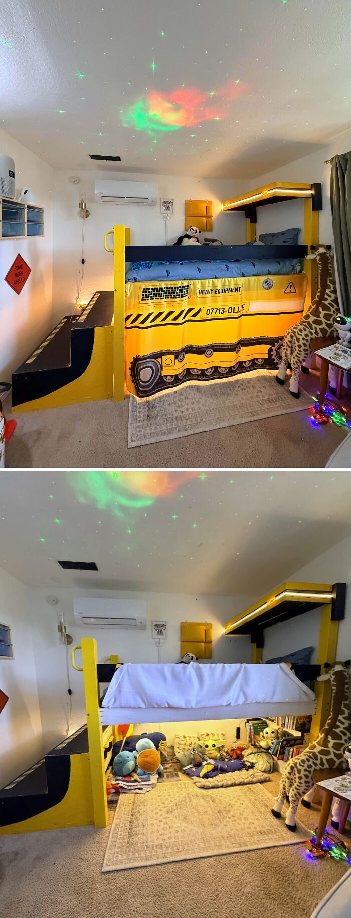 A kid's room before and after cleaning, featuring a construction-themed bed and star projector. Feel-good posts for dads.