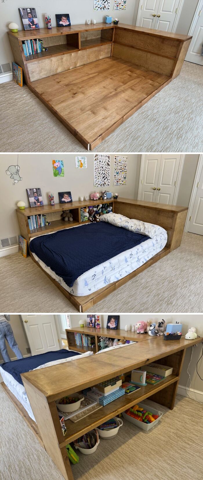 A DIY wooden platform bed with built-in shelves and storage, perfect for kids. A great project for dads.