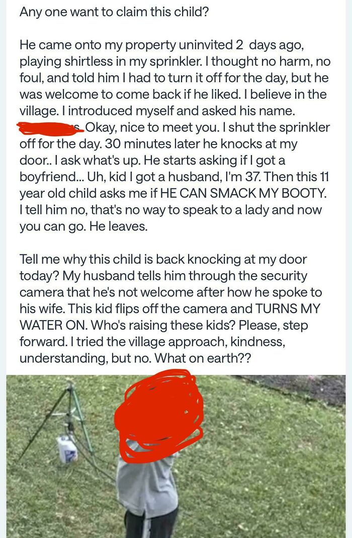 A wild and hilarious screenshot from a neighborhood online community about an 11-year-old child's bizarre and inappropriate behavior.