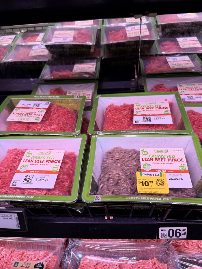 Lean beef mince packages in an Aussie supermarket, with a price tag, reflecting interesting posts.