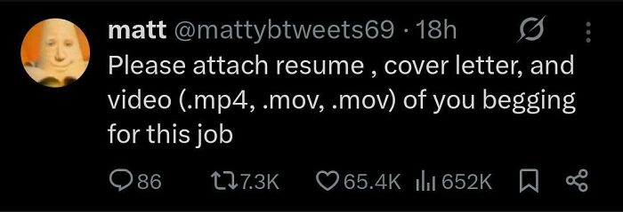 A social media post from Recruiting Hell asking for a resume, cover letter, and video of begging for a new job.