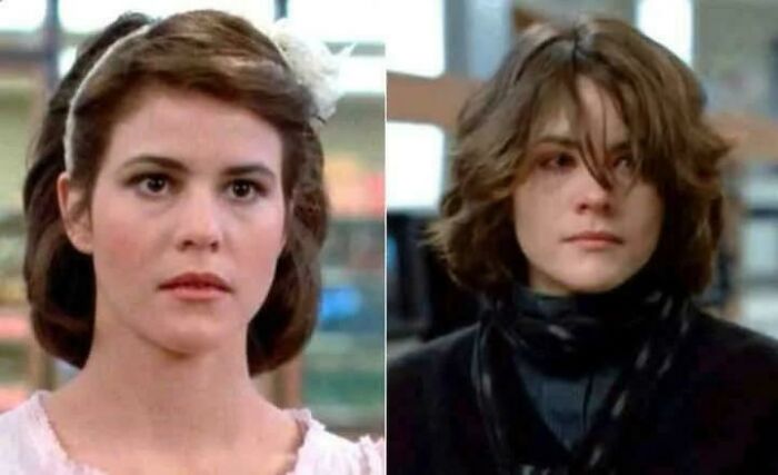 Split image of a woman with a headband on the left and the same woman with short, messy hair on the right, from a movie with nonsensical details.