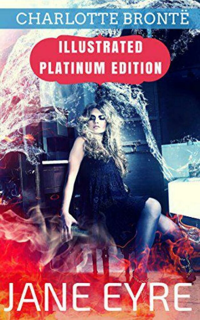 An illustrated platinum edition book cover for Jane Eyre, featuring a woman amidst water and fire effects.