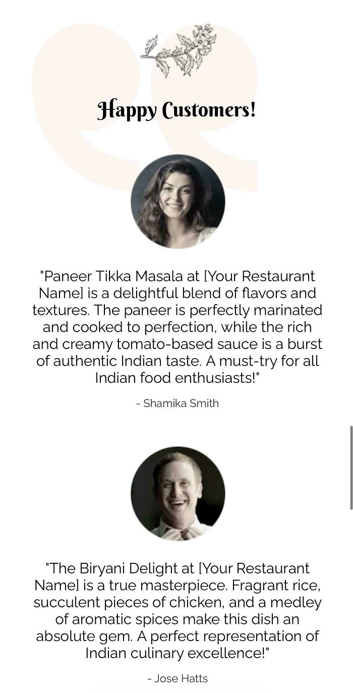 A funny fail in customer testimonials where placeholder text shows [Your Restaurant Name] instead of an actual name.