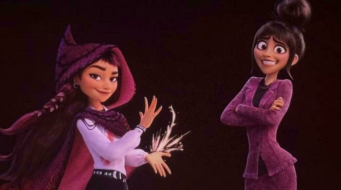 Two animated female characters, one with magic, the other smiling, showcasing hilarious nonsensical movie details.