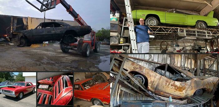 A collage of car accidents and fails, showing burnt classic cars, a man next to a green classic car, and a red interior.
