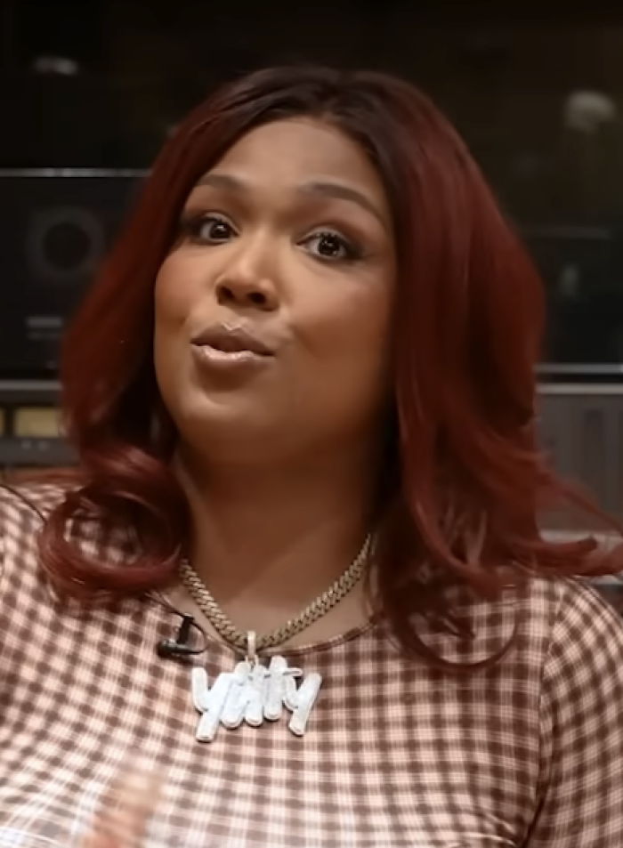 Lizzo looks at the camera, wearing a brown plaid top and a Yitty necklace, sharing career highlights.