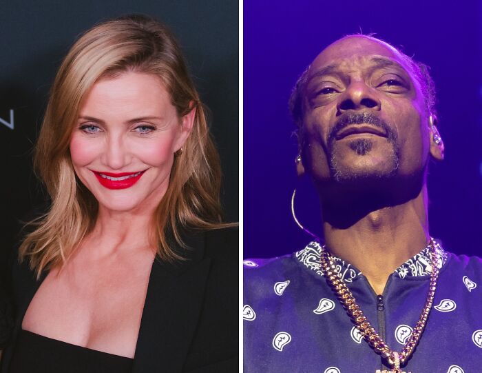Side-by-side image of smiling woman and man on stage showing celebrity friendships
