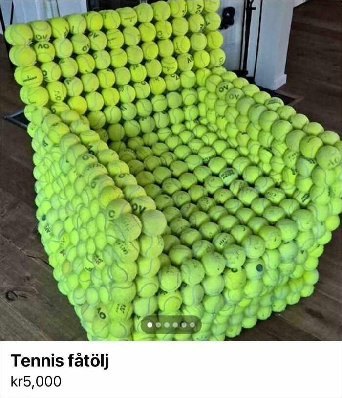 A close-up of a unique chair made entirely of tennis balls, a perfect example of a DiWHY project.