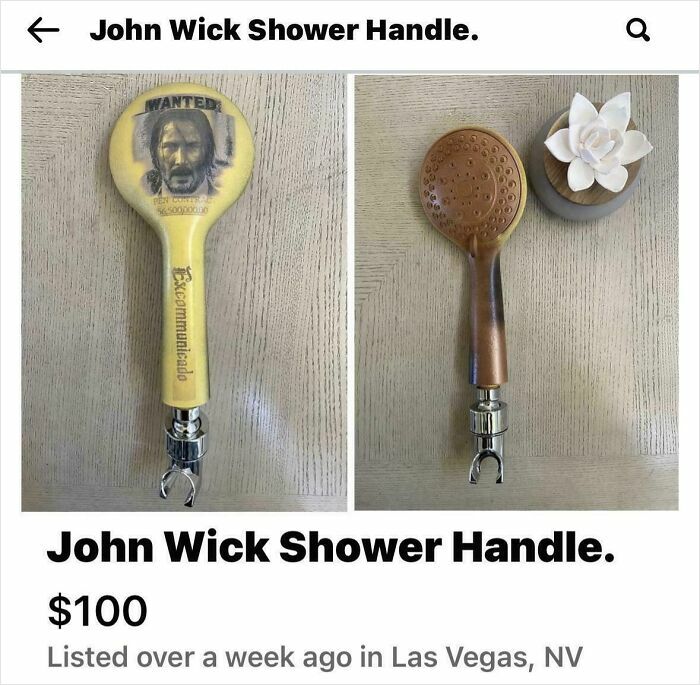A DiWHY John Wick shower handle next to a regular one. This DIY attempt shows ingenuity, perhaps not perfection.