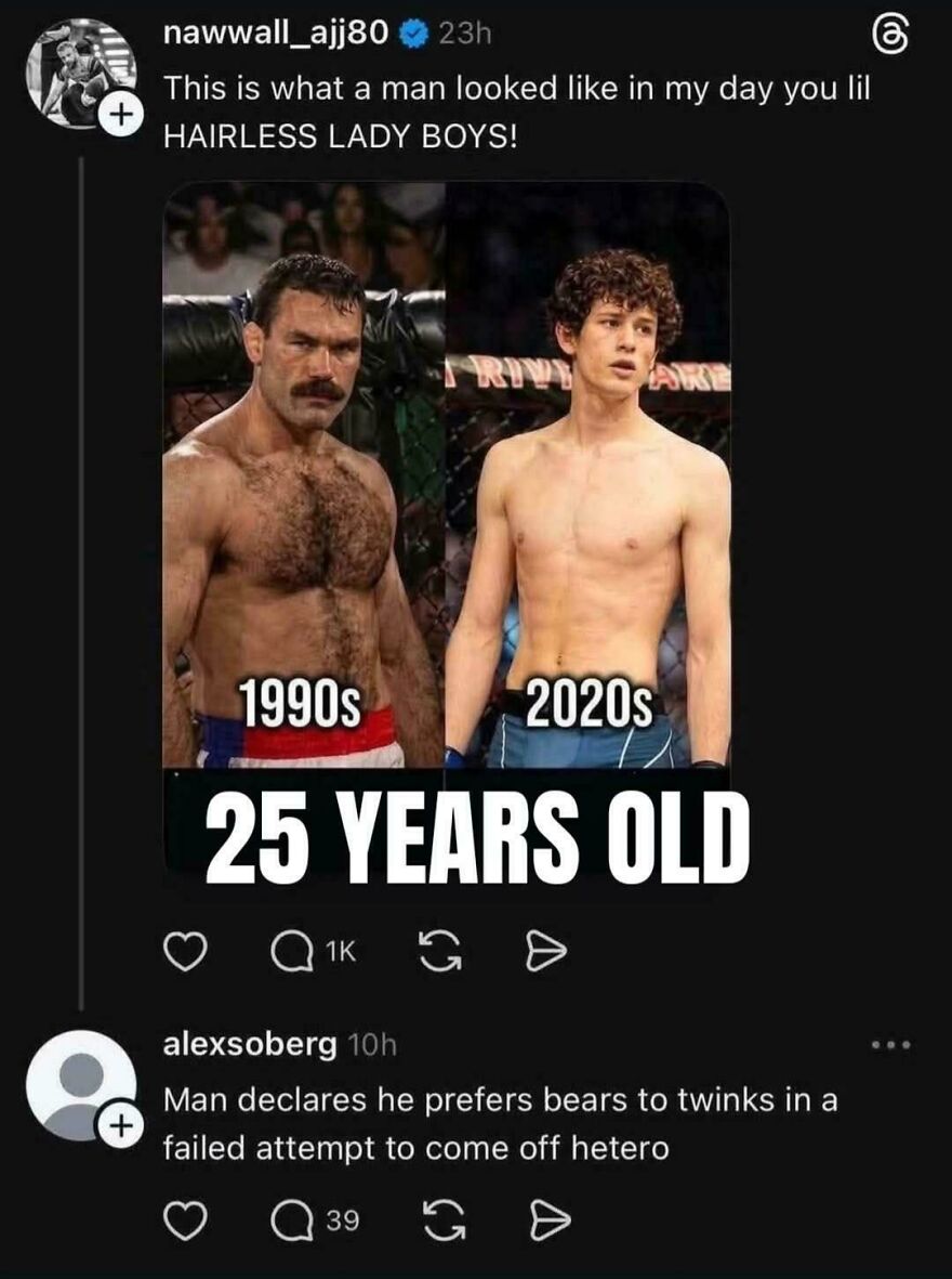 A meme comparing 1990s and 2020s 25-year-old men, sparking LGBTQ+ allyship via an accidental comment.