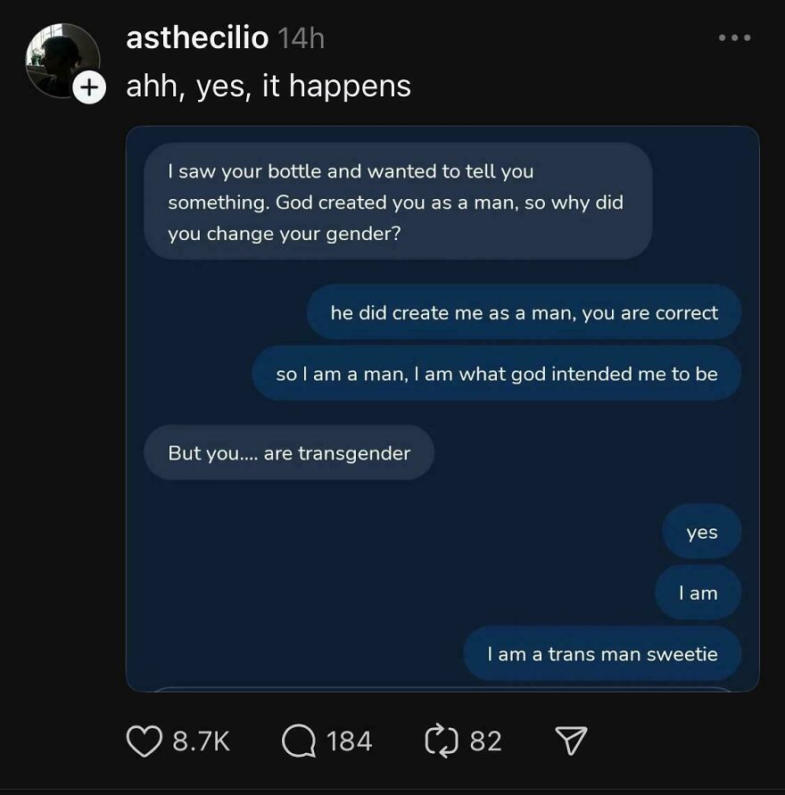 A screenshot of a social media conversation showing accidental LGBTQ+ allyship, discussing gender and being a trans man.