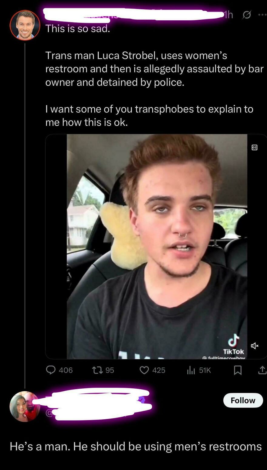 A screenshot of a social media post about a trans man, Luca Strobel. It includes a video of Strobel in a car, discussing LGBTQ+ allyship.