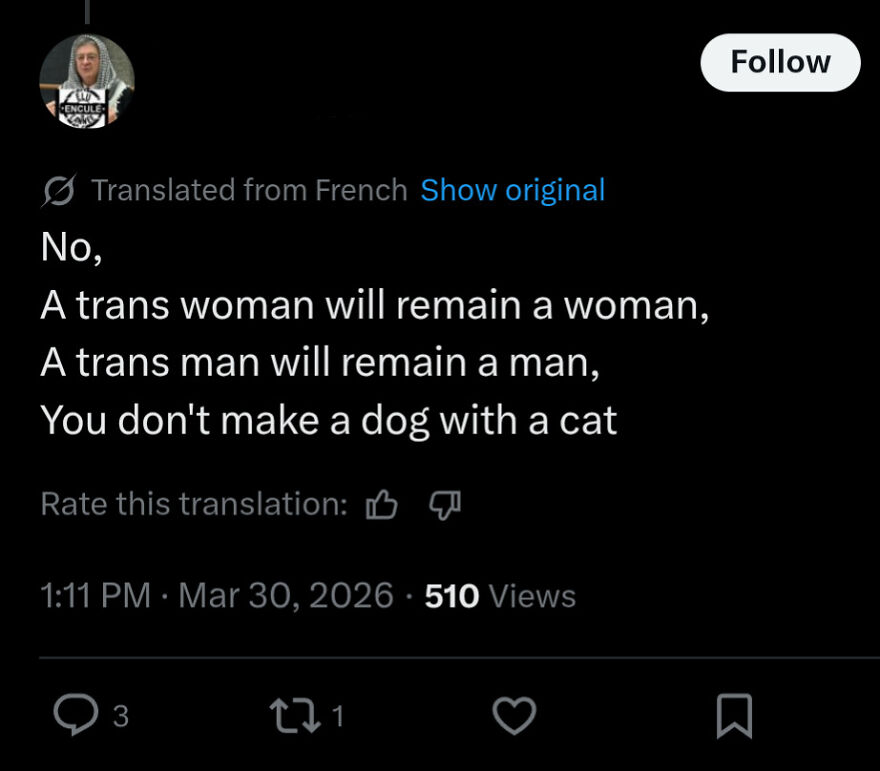 A tweet on a dark screen with white text stating 'A trans woman will remain a woman,' an example of LGBTQ+ allyship.