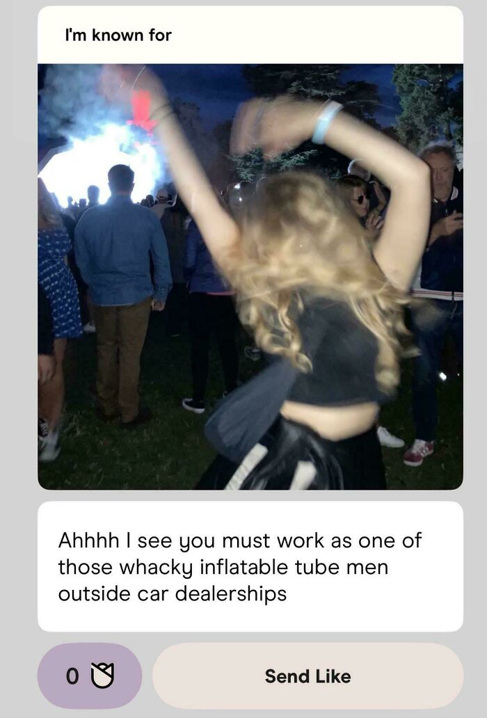 A funny text exchange on a dating app. A woman with arms raised dancing in a crowd at a concert at night.