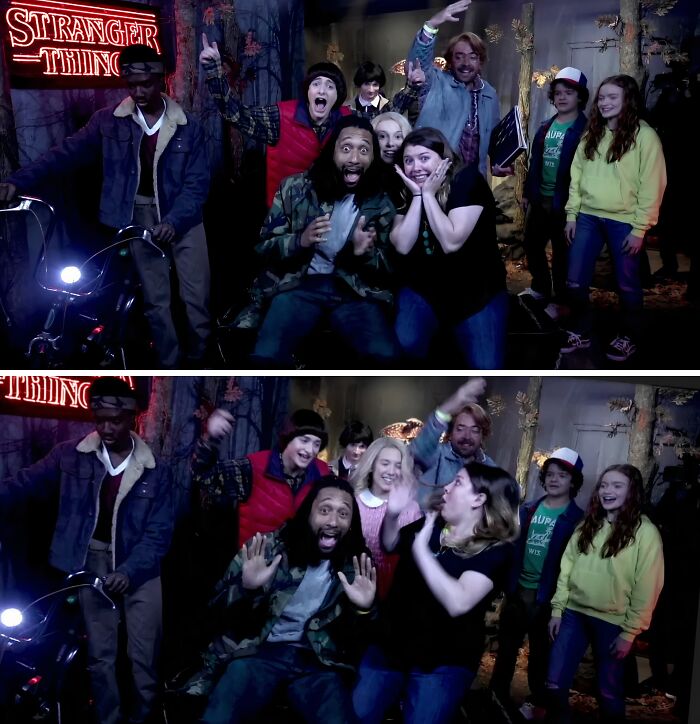 Two photos of people in a Stranger Things themed room, with one man smiling broadly, capturing a celebrity encounter.