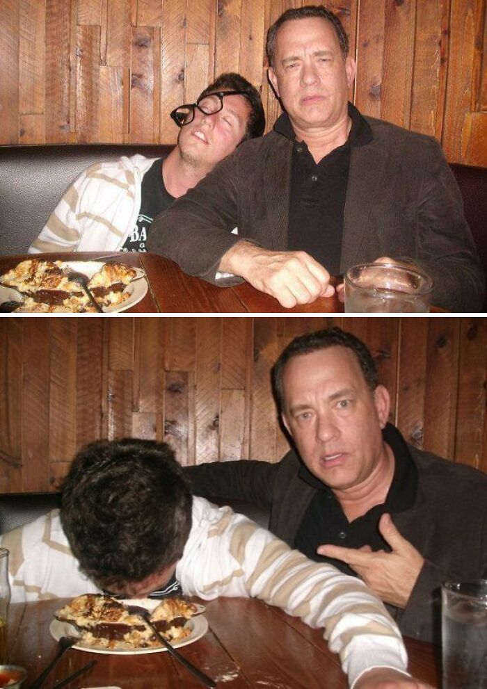 A split image of Tom Hanks with a fan. The top shows a wild celebrity encounter, the fan asleep on his shoulder. The bottom shows the fan face down on his plate, Hanks pointing with a bewildered expression.