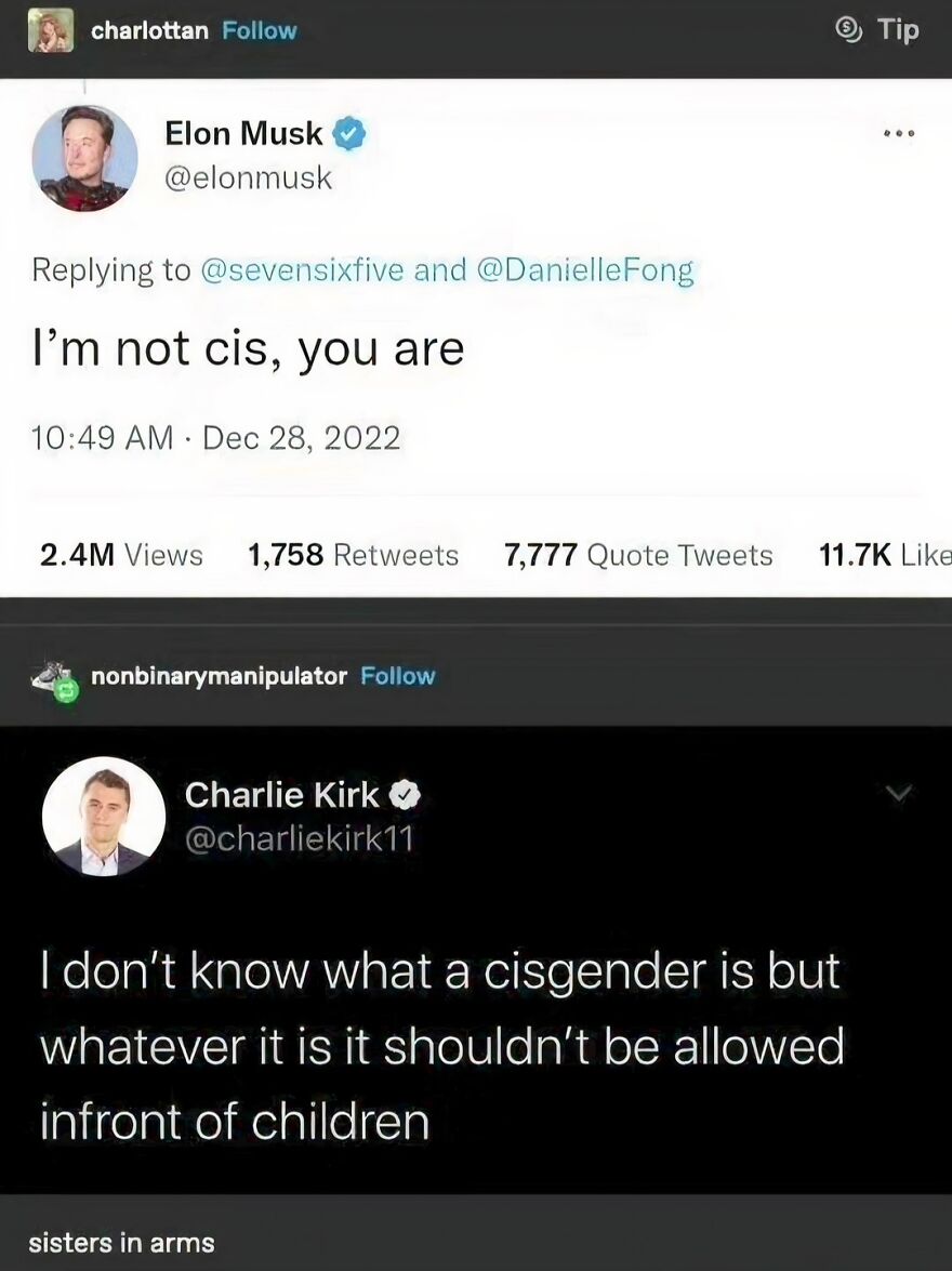 Screenshots of Elon Musk and Charlie Kirk tweets, showing accidental LGBTQ+ allyship from their ignorance about cisgender.