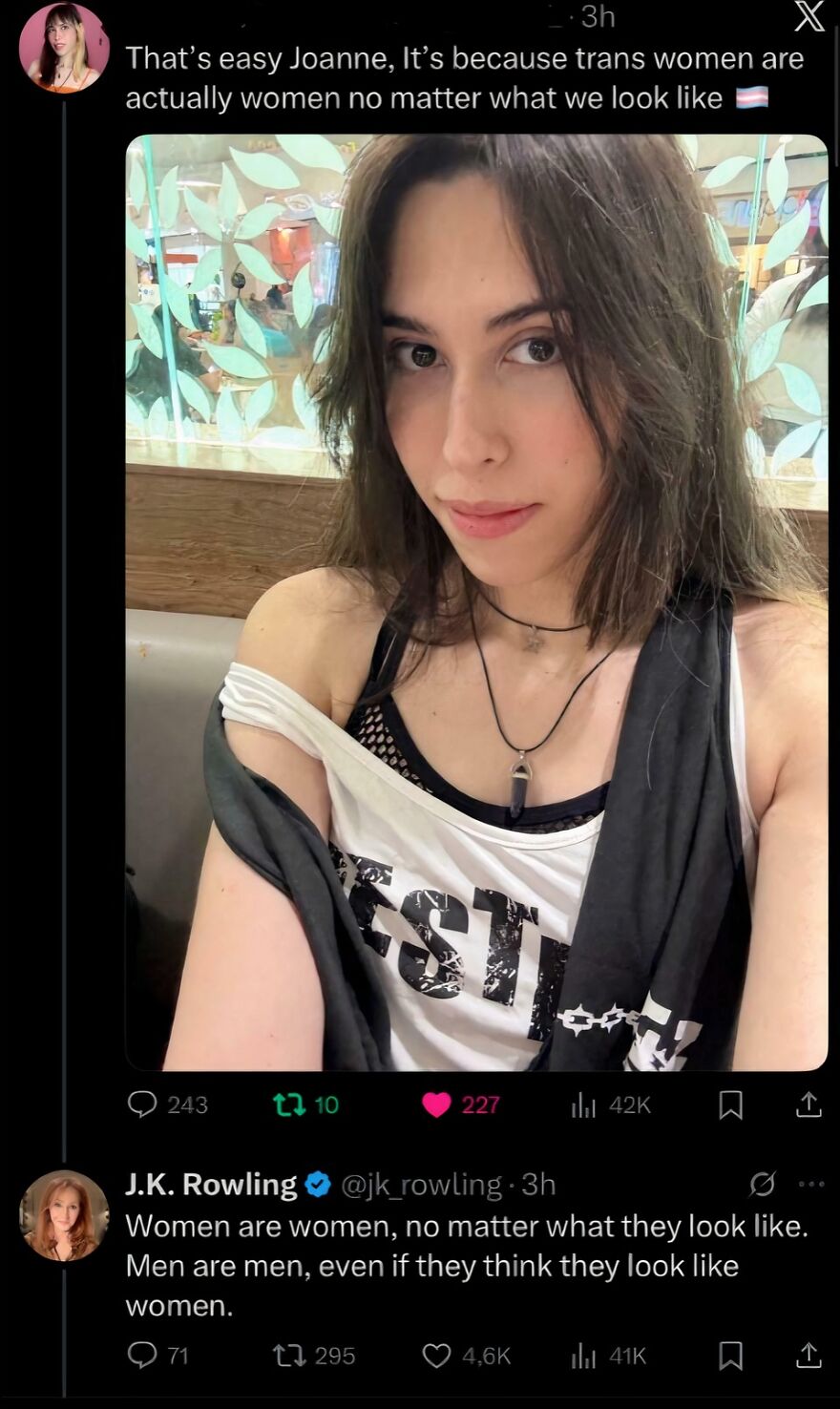 A woman with long brown hair looks at the camera. The image shows a moment of accidental LGBTQ+ allyship.