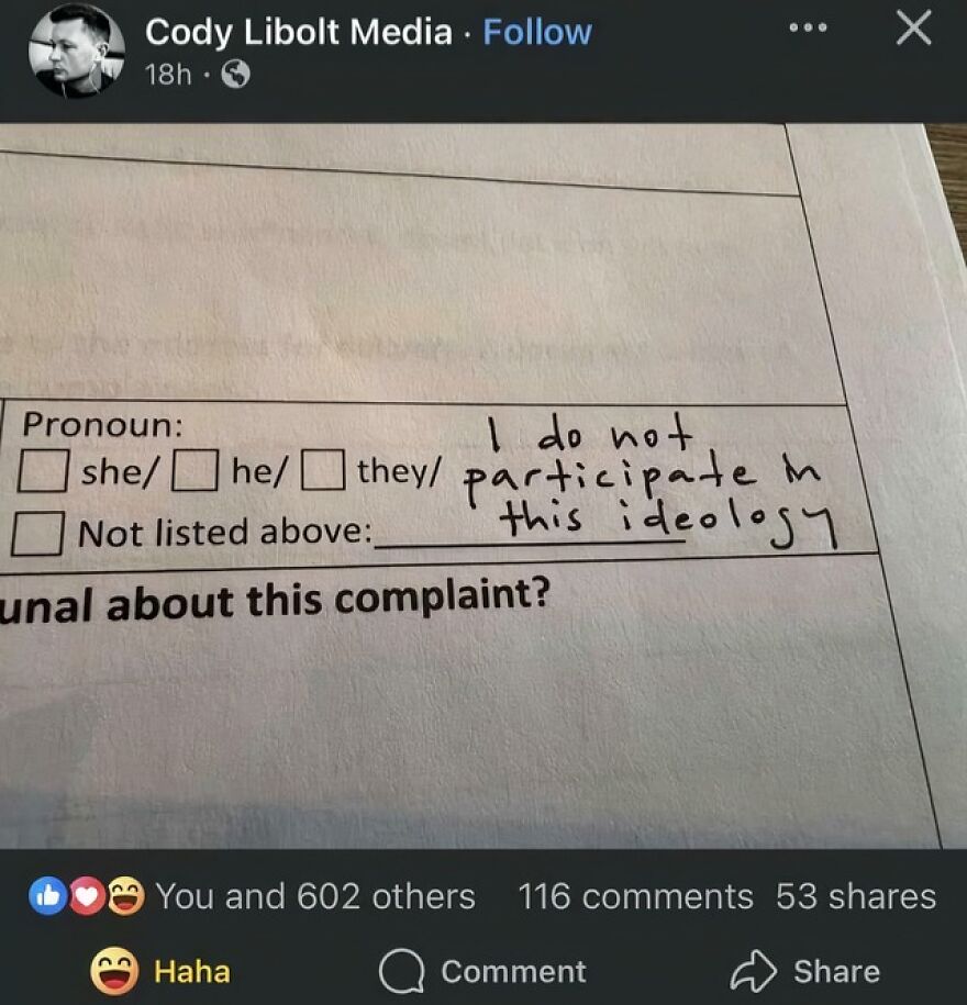 A form asking for pronouns, with "I do not participate in this ideology" written in the "Not listed above" blank. This illustrates accidental LGBTQ+ allyship.