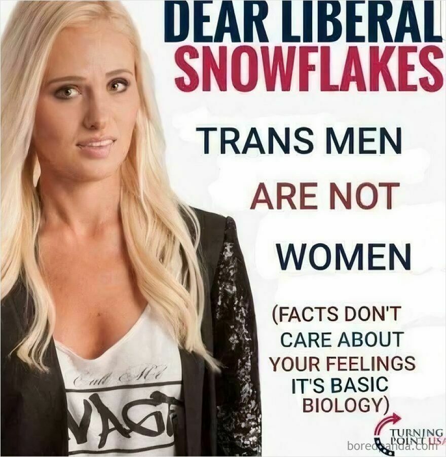 Image of a blonde woman next to text denying transgender women. This exemplifies accidental LGBTQ+ allyship.