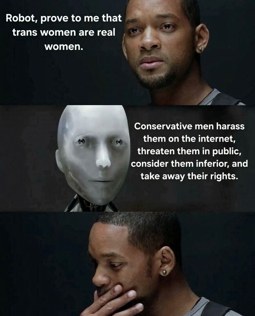 Will Smith meme template about an AI proving trans women are real women, highlighting LGBTQ+ allyship.