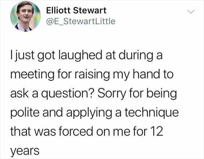 A relatable meme showing a tweet from Elliott Stewart about being laughed at for raising his hand in a meeting.