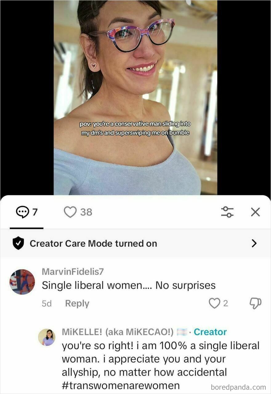 A smiling woman in colorful glasses, with the text pov: you're a conservative man sliding into my dms and superswiping me on bumble. Below are comments showing accidental LGBTQ+ allyship.