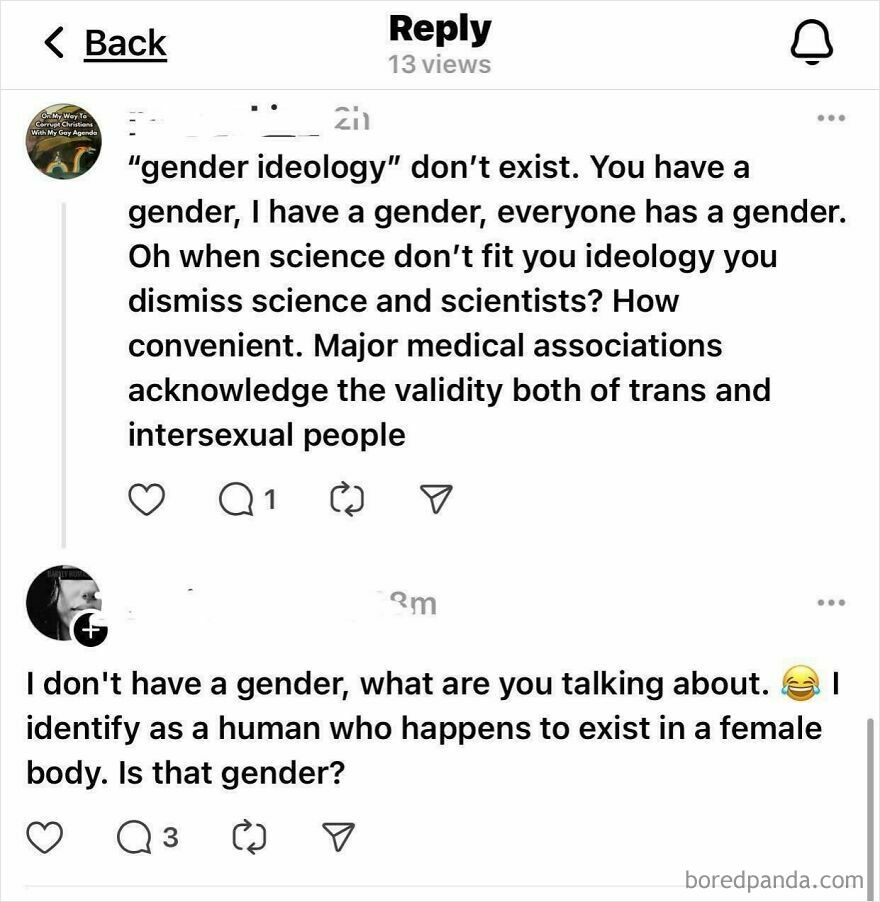 A social media screenshot showing two comments on LGBTQ+ allyship, discussing gender identity and cisgender views.