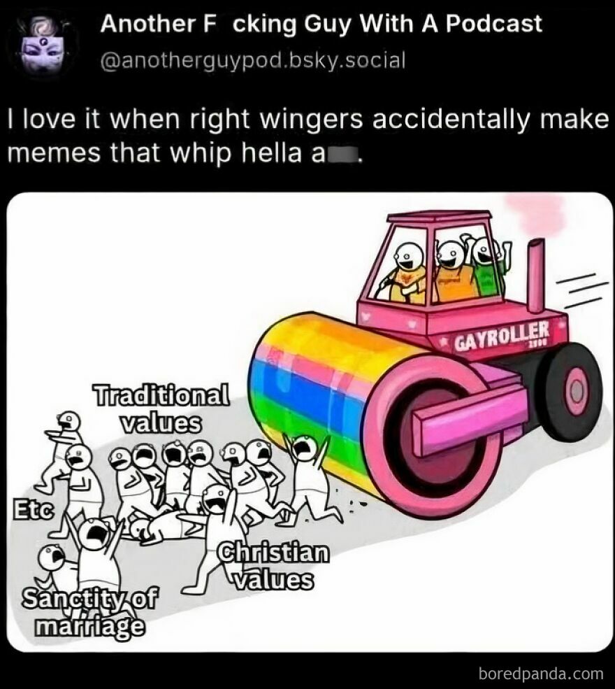 A pink steamroller, labeled GAYROLLER, flattens traditional values as LGBTQ+ allyship advances.