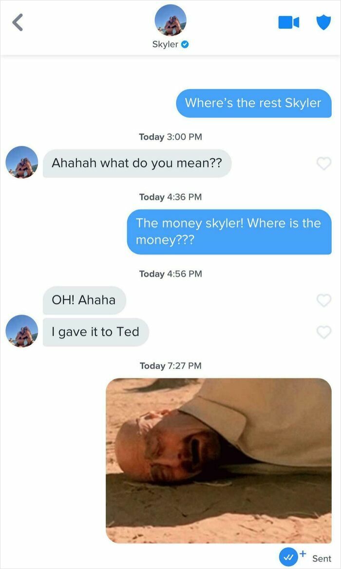 Funny text exchange reenacting the Breaking Bad scene where Walter White is burying money, ending with his face in the sand.