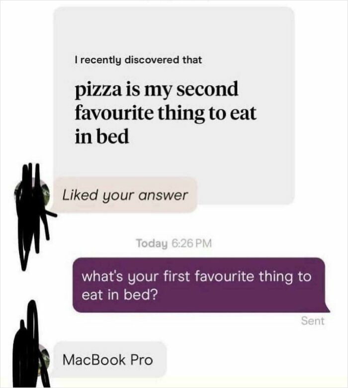 A funny text exchange where someone says pizza is their second favorite thing to eat in bed, and the first is a MacBook Pro.