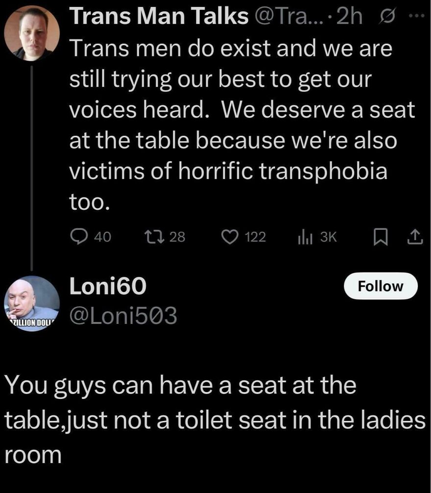 A screenshot of a Twitter conversation showing LGBTQ+ allyship. A user defends trans men, while another makes an ignorant remark.